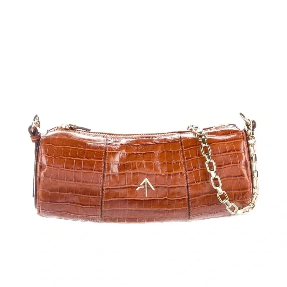 Manu Atelier Shoulder Bag  Brown Leather Gold-Tone Hardware ChainLink wide strap